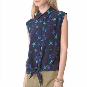 Equipment Femme Star Print Sleeveless Tie Front Blouse Top Size S